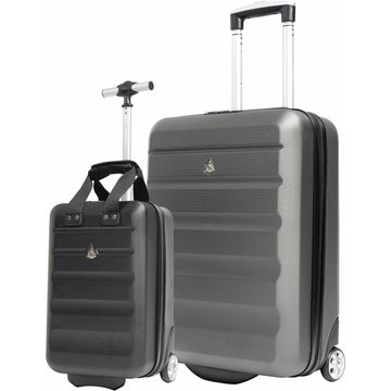 Aerolite 55x40x20cm + 40x20x25cm Ryanair Priority Maximum Bundle Lightweight Eco Friendly Hard Shell 2 Wheel Carry On Hand Cabin Suitcase 55x40x20 + 40x20x25 Underseat Suitcase Set Bundle (Charcoal + Black)